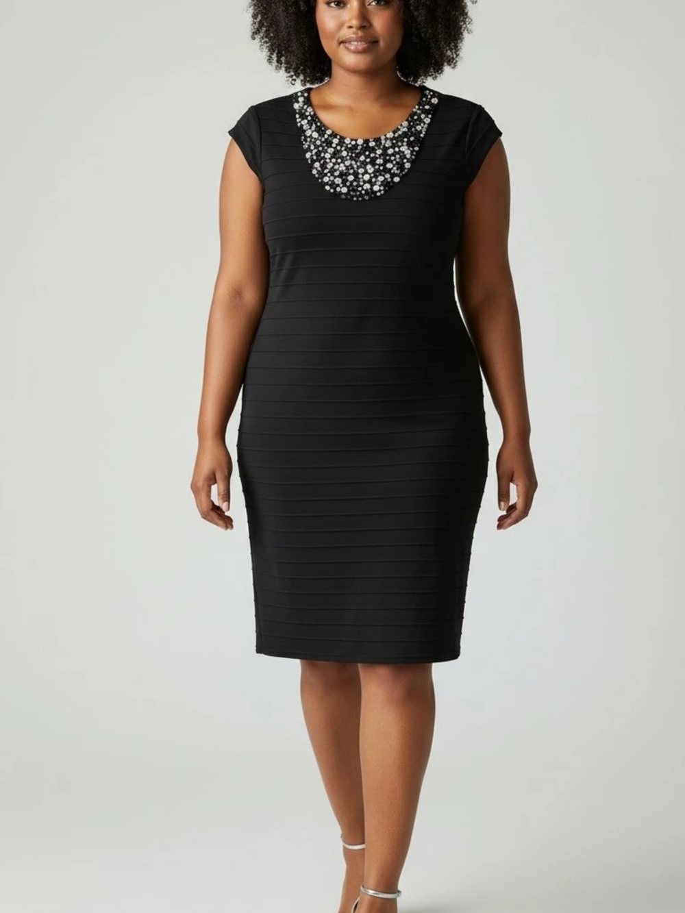 Dressbarn Black Midi Sheath Dress with Embellished Scoop Neck